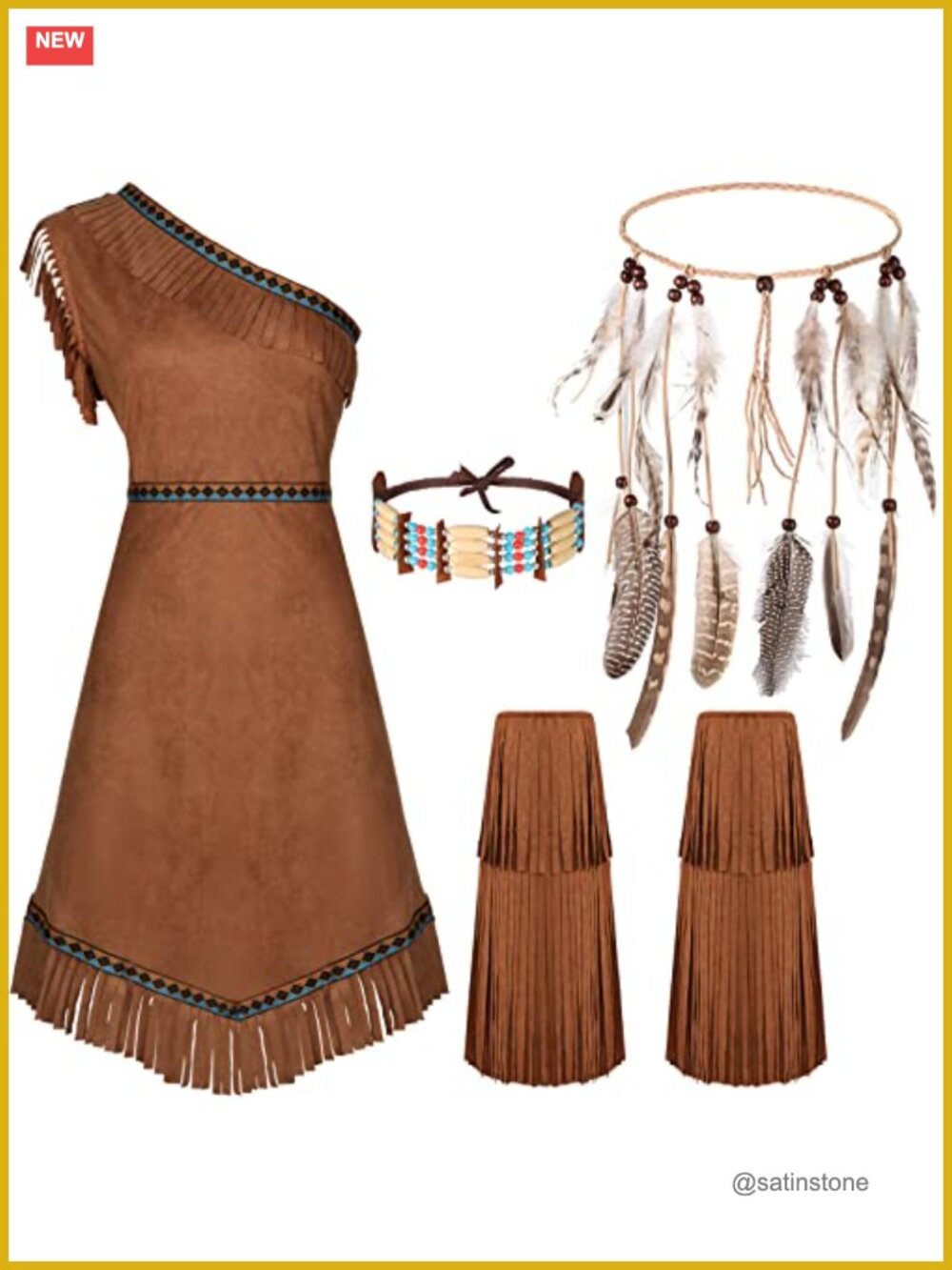 4 Pc Native American Costume Fringed Dress Boot Covers Headband Choker Set